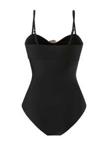 SHEIN Swim Curve Plus Size Solid Color Floral Metal Decor One-Piece Swimsuit, Minimalist Daily Wear Summer Vacation Holiday Beach Swimsuit For Women - Black - View 2