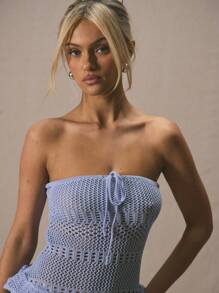 MUSERA Bandeau Tie Front Crochet Knit Tiered Ruffle Trim Strapless Mini Dress For Spring Summer Cute Vacation 90's Y2k Beach - Blue - View 4