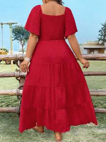 Breezaya Plus Size Solid Color Sweetheart Collar Long Casual Vacation Dress - Red - View 2