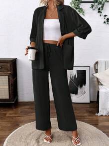 Franclia Women's Solid Color Mottled Lapel Long Sleeve Blazer And Pants Casual Suit Set