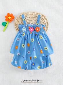 Cozy Pixies 2 件套女婴套装：3D 花朵吊带上衣和松紧腰短裤 - 藍色 - 查看 6