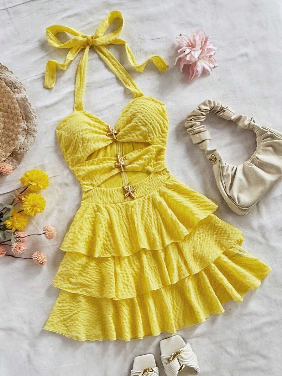 Soleia Gaun Liburan Pantai Musim Panas Berwarna Kuning yang Lucu, Gaun Tamu Pernikahan Gaya Bohemian Barat Warna Krem, Gaun Halter Berlapis Ruffle Tropis Elegan untuk Wisuda & Brunch - Kuning - View 1