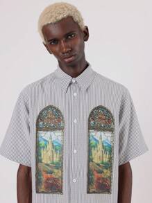 SUMWON Stained Glass Church Window Design Button Down Shirt Artistic Cathedral Print Gothic Architecture Regular Fit Casual Fall Holiday Short Sleeve Streetwear
