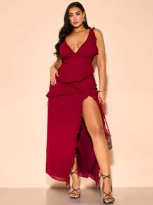 SHEIN BAE Váy hở lưng xếp nếp nhiều lớp, xẻ tà cao, màu đỏ và đỏ tía, gợi cảm, thanh lịch, cỡ lớn dành cho nữ mùa xuân/hè, thích hợp cho ngày lễ tình nhân, tiệc tùng, hẹn hò lãng mạn, phù dâu, vũ hội, công sở, váy đỏ, tiệc sinh nhật, váy xếp nếp, trang phục câu lạc bộ gợi cảm dành cho nữ - Màu Đỏ Sâu - Xem 6