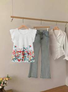 SHEIN LUNE SHEIN Plus Size Woman Crew-Neck Elastic Craft Summer Flower Print For Vacation Wear A Casual All-Match Summer Outfits Clothes  With Small Flying Sleeves Shirt