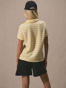 MUSERA 可爱条纹钩针编织短袖polo衫，适合度假休闲、日常工作穿着，黄色宽松T恤，机场印花T恤，秋季返校季工作装，优雅春夏假日风情 - 彩色 - 查看 3