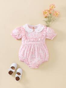 Souflis Souflis Babymeisje Lente/Herfst Casual Schattig Comfortabel Ronde Hals Kraag Digitaal Bloemen All Over Print Korte Mouw Pofmouw Romper