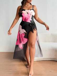 SHEIN Swim Curve Conjunto de traje de baño de una pieza estampado talla grande + falda tipo cover-up para el verano