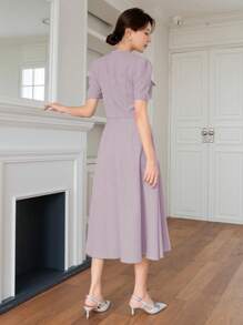 DAZY Women Elegant Commuting Solid Color Puff Sleeve Top And Skirt 2 Pieces Set - Purple - View 2