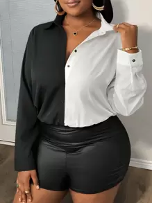 Slaydiva Plus Size Elegant Front Button Up Splicing Long Sleeve Casual Bodysuit - Black and White - View 2