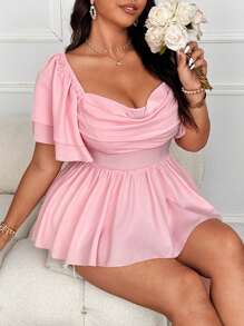 Flirla Plus Size Women's Elegant Ruched Collar Pleated A-Line Blouse, Loose Fit Ruffle Sleeve Party/Wedding Guest Vacation Vintage Shirt - Pink - View 6
