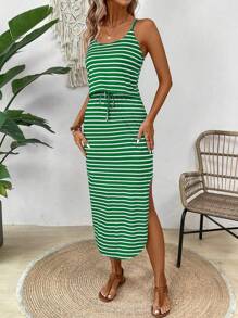 Breezaya Zomerse casual spaghettibandjesjurk voor dames met strikceintuur, maxi-outfit met zijsplitzoom