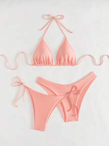 Swim Chiccia 3pcs Women Swimwear Set, Halter Neck Tank Top And Drawcord Bottom For Summer Beach Vacation - Pink - View 3