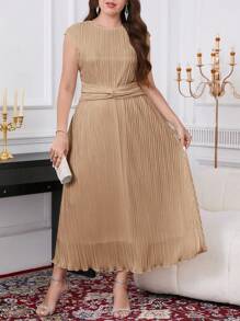 SHEIN Clasi Plus Size Women's Solid Color Round Neck Cap Sleeve Twist Front Pleated Midi Dress - Khaki - View 1