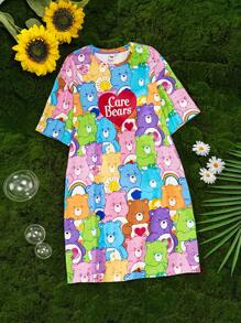 SHEIN X Care Bears Camisón informal con estampado de oso de dibujos animados lindo para niñas preadolescentes, apto para todas las estaciones - Multicolor - Ver 1