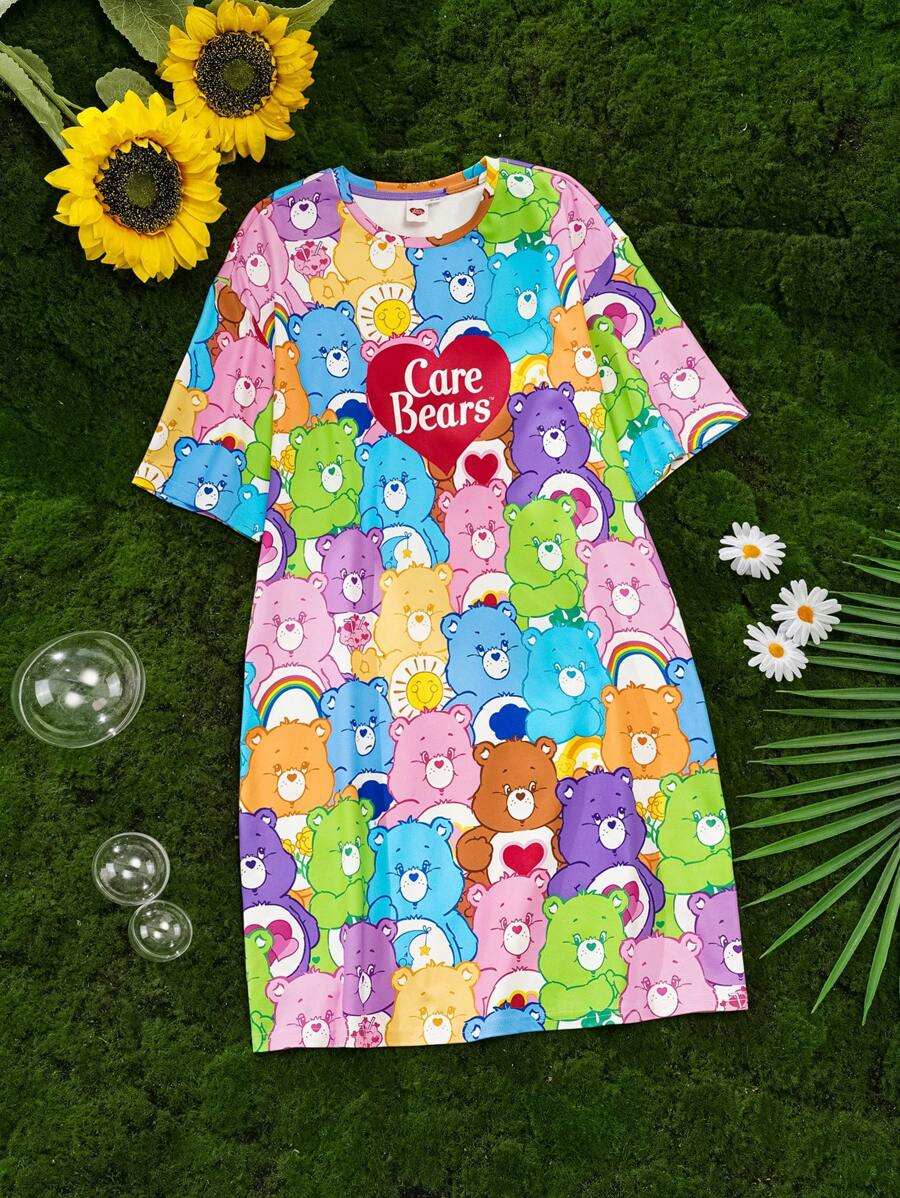 SHEIN X Care Bears Camisón informal con estampado de oso de dibujos animados lindo para niñas preadolescentes, apto para todas las estaciones - Multicolor - Ver 1