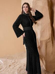 Al Najma Women's Lace Hem Maxi Dress With Belt, Elegant & Luxurious Turkish & Arabic Traditional Kaftan Women Plus Clothing Formal - Black - View 7