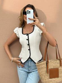 SHEIN Frenchy Áo sơ mi nữ dáng suông, cổ vuông, tay bồng, cài cúc đơn, phối màu, phong cách cổ điển, thích hợp mặc đi làm hàng ngày, mùa hè cho nữ, đi nghỉ mát, mùa xuân cho nữ, áo kiểu thanh lịch màu trắng cho nữ, kỳ nghỉ ở khu nghỉ dưỡng. - trắng - Xem 4