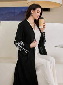 Al Najma Women's Floral Embroidered Elegant Arabic Style Long Sleeve Abaya Jacket