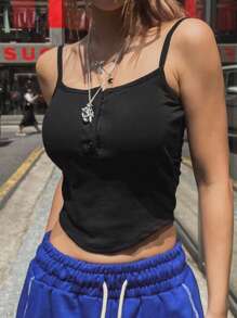 DAZY Women Square Neck Tight Fitted Basic Half Front Zip Up Camisole Y2k - Black - View 1