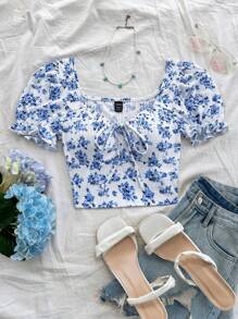 SHEIN WYWH 大码女式浪漫花卉印花甜心领泡泡袖荷叶边系带上衣 - 彩色 - 查看 5