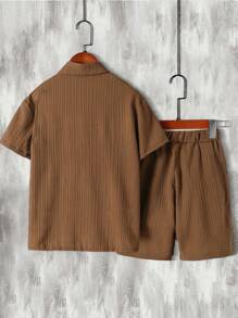 SHEIN 十幾歲男孩純色鈕扣前衬衫+短褲,但不包含t恤衫 - 棕色 - 查看 2