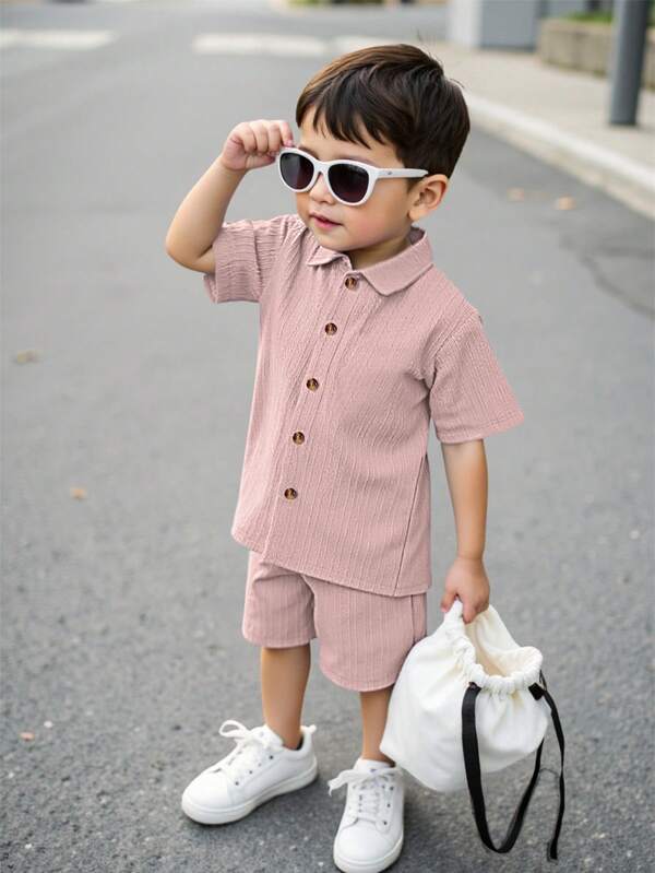 SHEIN Young Boy Solid Button Front Shirt & Shorts Without Tee