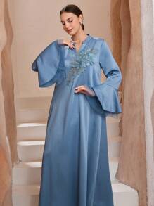 Graceveil 女士优雅阿拉伯风格花卉贴花 V 领喇叭袖连衣裙，端庄 - 藍色 - 查看 5