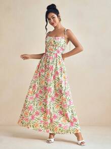 Miriam Omar Multicolor Spring And Summer Floral Print Cami Tie-Up Strap Ruched Bodice Maxi Dress Vacation Sundress For Women, Rave, Prom Dress, Brunch Outfits, Tea Party Dress - Multicolor - View 1