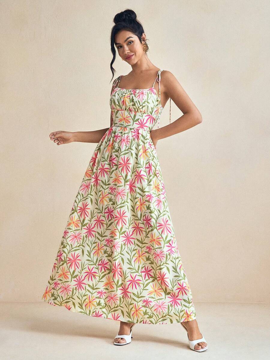 Miriam Omar Multicolor Spring And Summer Floral Print Cami Tie-Up Strap Ruched Bodice Maxi Dress Vacation Sundress For Women, Rave, Prom Dress, Brunch Outfits, Tea Party Dress - Multicolor - View 1