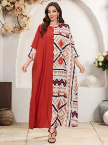 Al Najma Lente/Zomer Dames Ronde Hals Geometrisch Patroon Patchwork Effen Kleur Turkse & Arabische Stijl Lange Jurk