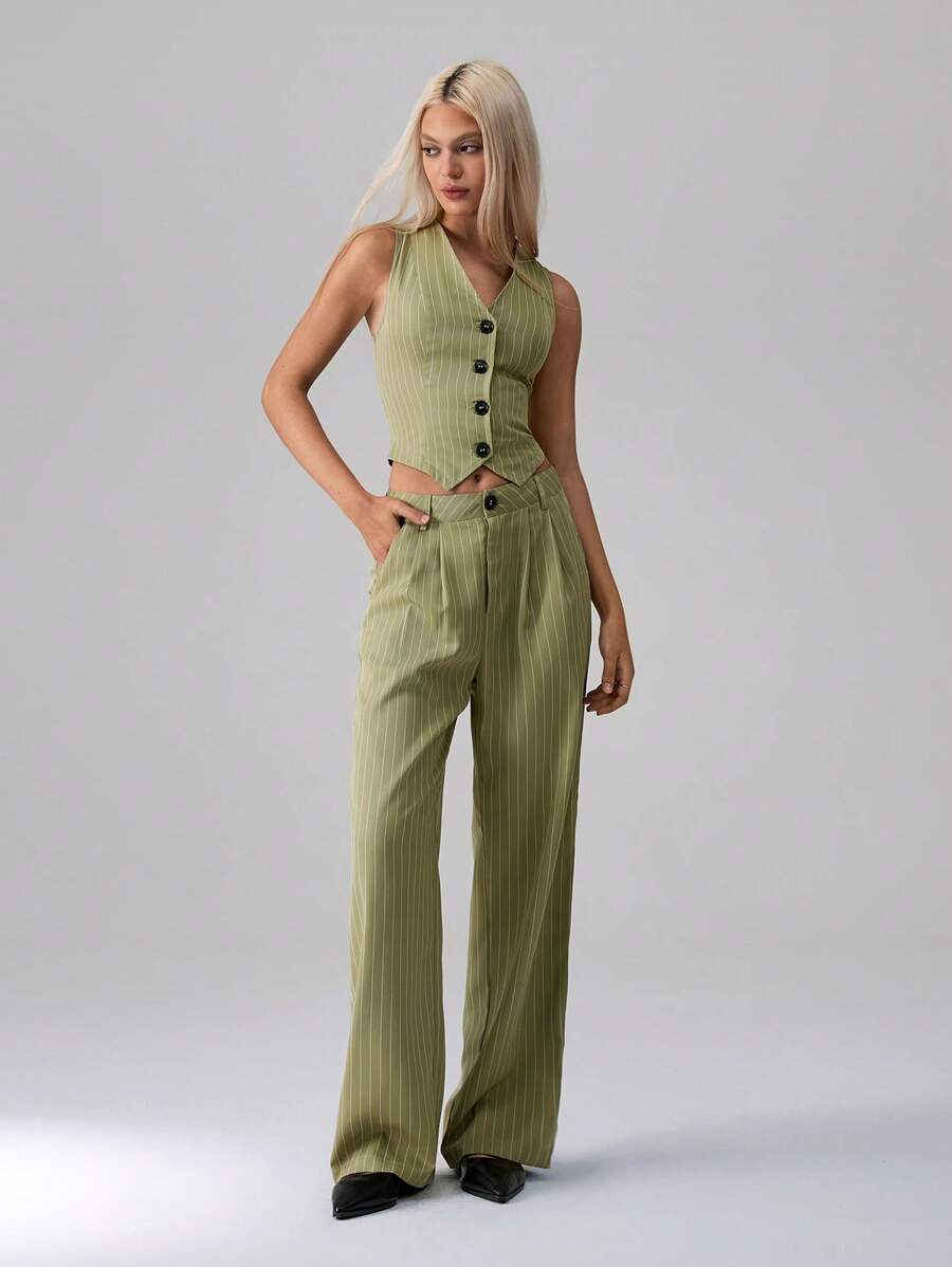 TRNVIE Striped Single Breasted Fitted Suit Vest And Suit Pants Set - Green - View 1