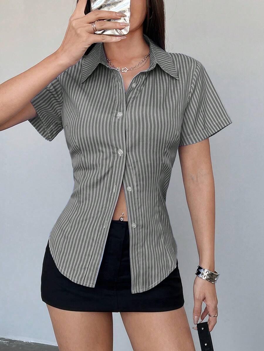 Flirla 蓝色条纹修身简约通勤女士短袖衬衫 - 彩色 - 查看 1