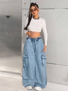 SHEIN Nastolatki Dziewczęta Y2K Wiosna Lato Vintage Jednolity Lekki Prany Ściągacz w Pasie Szerokie Nogawki Cargo Baggy Bawełniane Miękkie Spodnie Cargo Jeans, Dziewczęce Letnie Ubrania Powrót Do Szkoły Streetwear Stroje, Plaża Boho Koncert Spodnie Baggy Stroje Rave Festiwal, Strój Ukończenia Szkoły