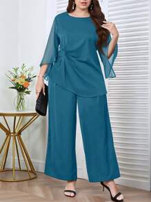 SHEIN Clasi 2 Stücke/Set Damen große Größen Set mit Rundhals 3/4 Volantärmel, geraffeter Taille und asymmetrischem Saum Top und weiten Schlupfhose