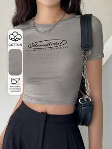 DAZY Slogan Graphic Crop Tee - Light Grey - View 6