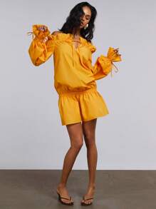 Athîral Women's Solid Color Off Shoulder Ruffle Trim Mini Dress - Orange - View 3