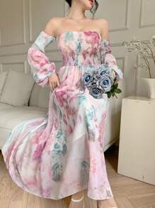 DAZY 女式露肩花卉印花中长连衣裙，秋季连衣裙长袖连衣裙 - 粉色 - 查看 4