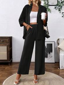 Franclia Women's Solid Color Mottled Lapel Long Sleeve Blazer And Pants Casual Suit Set