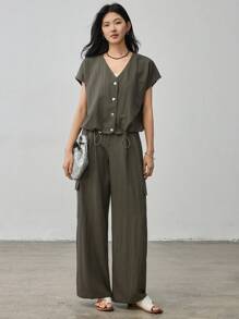 Dazy-Less 2 件套女士休闲宽松工装裤，大口袋，夏季复古风格商务休闲女装、教师装