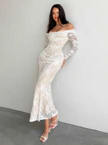 Aloruh Vestido ajustado tipo ajustado de manga larga de encaje blanco con hombros descubiertos, escote drapeado, apropiado para fiestas, citas nocturnas, temporada de bodas y eventos formales de noche, otoño/invierno
