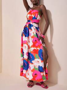 Slaydiva New Summer Casual Vacation Romantic Floral Cutout One Shoulder Waist Women Dress - Multicolor - View 5