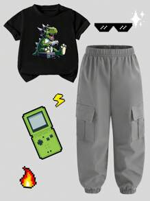 Conjunto de camiseta de manga corta con estampado de dinosaurio de dibujos animados y pantalones cargo informales para niño