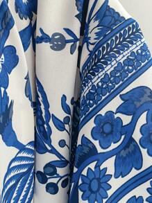 Soleia Blue & White Patterned Hollow Out Cinched Waist Romantic Casual Holiday Dress For Women, Suitable For Vacation, Date, Afternoon Tea, Music Festival, Bohemian