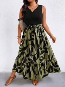 SHEIN LUNE Vestito a canotta in maglia con stampa a foglie e orlo asimmetrico (medio-lungo) da donna taglie forti, per primavera/estate, abito extra lungo da spiaggia per vacanze