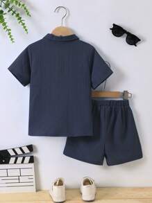 SHEIN Young Boy Solid Button Front Shirt & Shorts Without Tee, School, Campus, College Summer Holiday - Dusty Blue - View 2