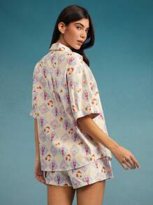 WESTFADE 西部牛仔女郎夏季海滩龙虾与贝壳混合印花匹配两件套，领口宽松短袖超大男友风前扣衬衫和高腰弹力抽绳腰部仿纽扣前宽松短裤