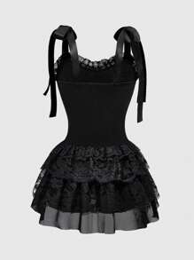 ROMWE Đầm midi corset phối ren viền nhung màu tương phản phong cách cung điện Gothic Vintage cho nữ - màu đen - Xem 2