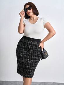 Chikora Plus Size Vintage Print Button Decor Bodycon Skirt, Autumn,Office Outfits For Women - Black - View 3