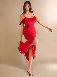 SHEIN BAE Spring/Summer Solid Red Asymmetrical Hem High Slit Multi-Layer Ruffle 3D Floral Decor Long Tank Dress, Vacation Dress, Bridesmaid Mini Dress, Valentine's Day Dress, Red Dress, Birthday Mini Dress